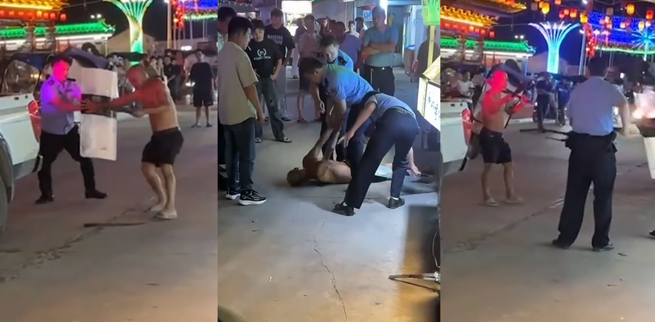 男子深夜醉酒拿两把刀街头狂舞 与警察对峙劈砍 这是受了多大刺激 当警察吃干饭的吗？